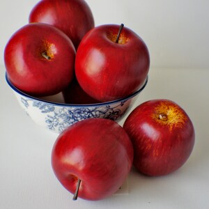 Op de afbeelding: Vijf rode appels in een witte kom met een blauw-wit bloemenpatroon. De kom staat op een wit oppervlak.