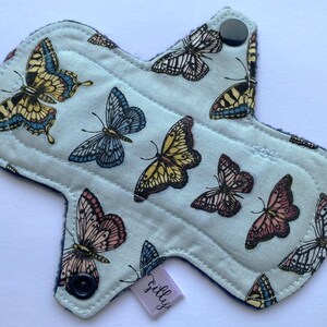6" Cloth Sanitary Pad, washable, reusable, regular absorbency, cotton top, butterflies image 1