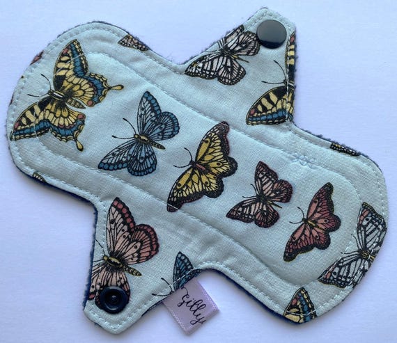 6" Cloth Sanitary Pad, washable, reusable, regular absorbency, cotton top, butterflies
