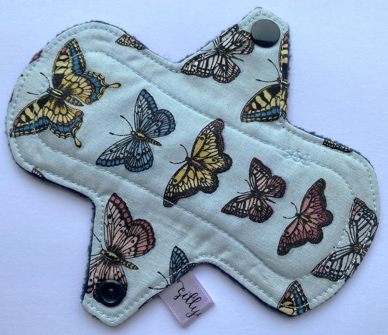 6" Cloth Sanitary Pad, washable, reusable, regular absorbency, cotton top, butterflies image 1