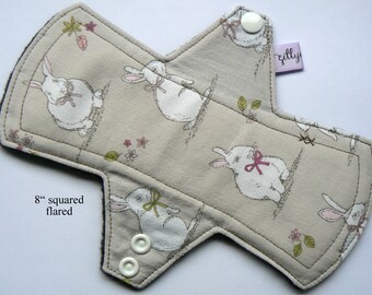 6" 8" 10" 12" 14" Cloth Menstrual Pad light, regular, heavy, cotton top, fleece back, rabbits