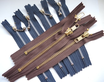 Mixed chunky vintage 5 inch/13cm zips- set of 7 smart brown and navy fabric and metal zippers upcycling clothes crafts ready to ship