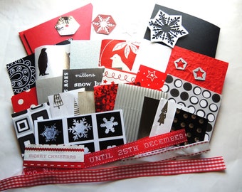 NEW 3 blank cards kit- Xmas Modern Scarlet white silver part-upcycled smart modern style snowflakes stars mottoes shapes -OOAK crafting