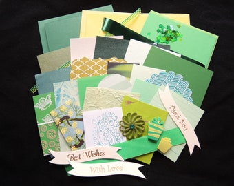 3 blank cards kit -Greenery luxury green lime yellow prints papers part upcycled love best wishes thanks mottoes OOAK ready to ship