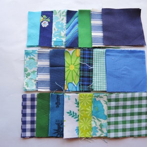 Mini Charm pack 42x 2.5 squares Mixed flower designs 6cm upcycled cotton/polycotton fabrics project shirts stripe check destash Blue & Green mix