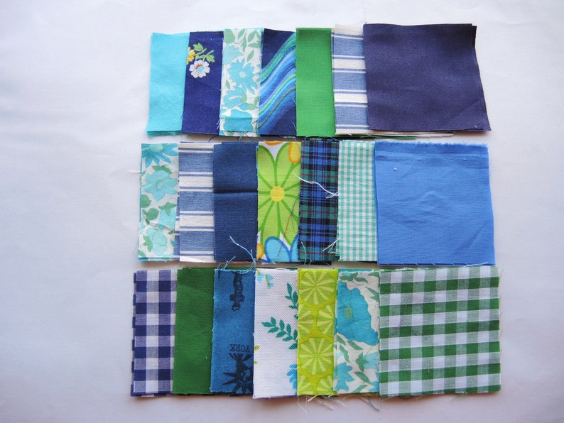 Mini Charm pack 42x 2.5 squares Mixed flower designs 6cm upcycled cotton/polycotton fabrics project shirts stripe check destash Blue & Green mix