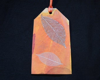 Painted silk gift tag in orange and copper leaves- one large luggage style, OOAK, ready to ship