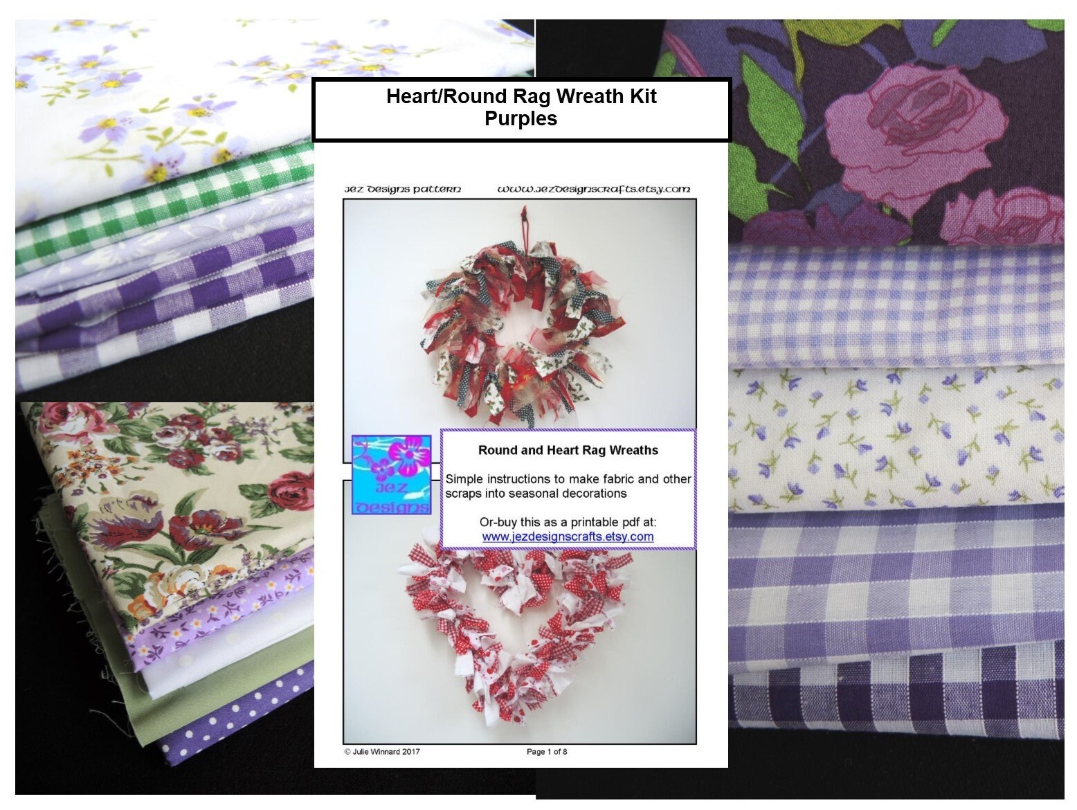 Purples 4FQ/ 5 fabric stack/rag wreath kit -pretty easy tutorial -fat quarters everything to make a fabric home decoration- ready to ship