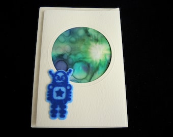 Blue Robot/Green Planet painted silk card, blank A6 size, OOAK unique art card, men boys add your message or frame as ACEO ready to ship