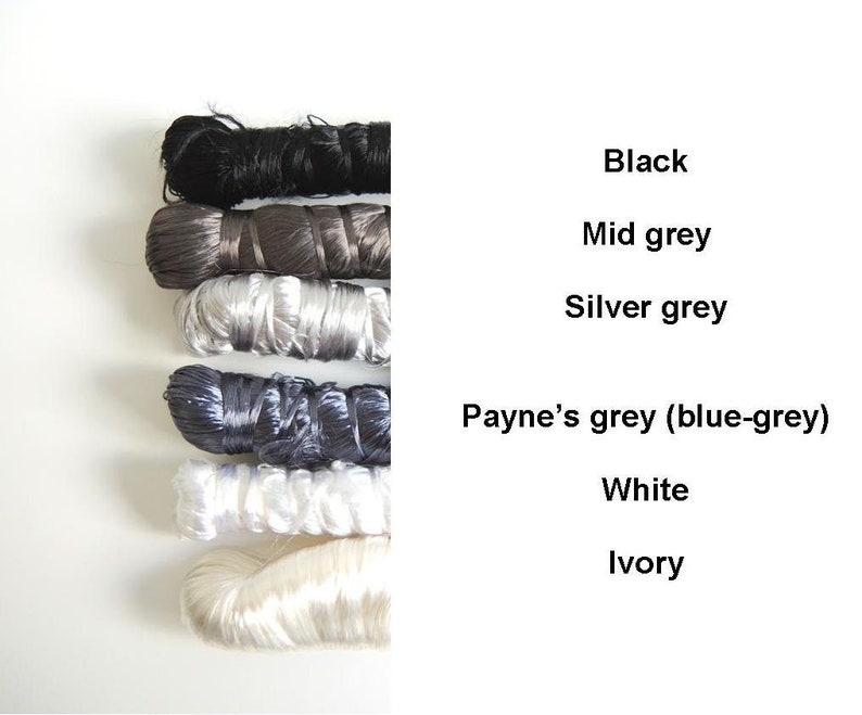 GREYS MONOCHROMES Sabra silk floss single skein black white gray silver vegetal rayon thread Moroccan 10g approx 45m ready to ship image 3