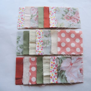 Mini Charm pack 42x 2.5 squares Mixed flower designs 6cm upcycled cotton/polycotton fabrics project shirts stripe check destash Peachy roses