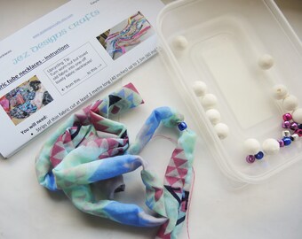 NEW Fabric necklace kit beaded blue pink geometric blue- lightweight beginner easy instructions cotton beads kids crafts learn upcycling