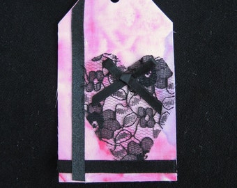 Painted silk gift tag in lacy black and pink- one large luggage style, OOAK, ready to ship