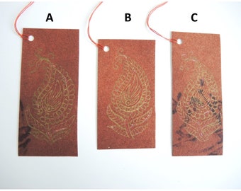 NEW Hand Painted gift tag paisley swirl single/set brown & gold OOAK handpainted card stamp unique special ready to ship large luggage style