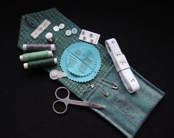 NEW Luxury travel sewing kit - Teal Stripes retro vintage fabric- complete with full kit of good quality contents OOAK ready to ship