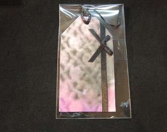 Painted silk gift tag in lacy black and purple- one large luggage style, OOAK, ready to ship