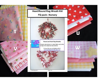 Nursery 4 Fat Qtr/5 fabric stack/rag wreath kit -hearts stars flowers pink yellow red quilt/easy home decor/just fabric