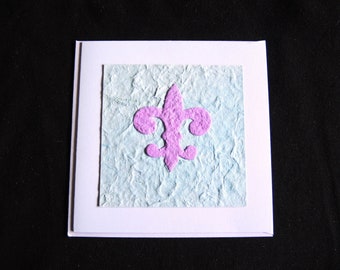 NEW Fleur de Lys card, blank inside square 5.25 inch (13cm approx) partly upcycled textured OOAK unique eco-art upcycled UK ready to ship