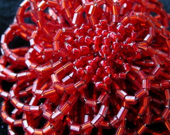 Beaded flower - 7cm /2.5 inch across and 2.5cm /1 inch thick Ruby Red - ready to ship