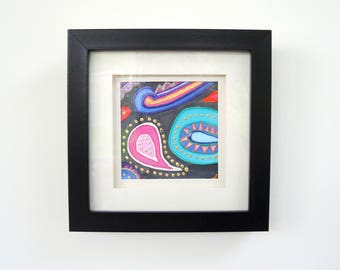 Paisley #1 -small framed silk painting in black boxy square frame- freestanding or wall hang- pink and turquoise -OOAK art ready to ship