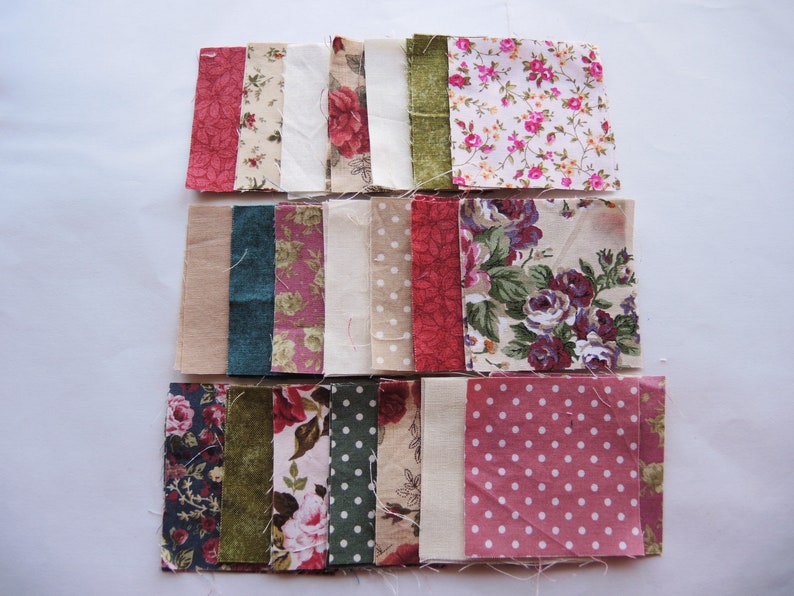 Mini Charm pack 42x 2.5 squares Mixed flower designs 6cm upcycled cotton/polycotton fabrics project shirts stripe check destash Red & Green roses