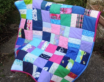 Modern Lap Quilt "scrappy" style upcycled/single bed chair size throw small patchwork multicoloured happy Yoko's Rainbow