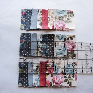 Mini Charm pack 42x 2.5 squares Mixed flower designs 6cm upcycled cotton/polycotton fabrics project shirts stripe check destash Blue & Pink roses