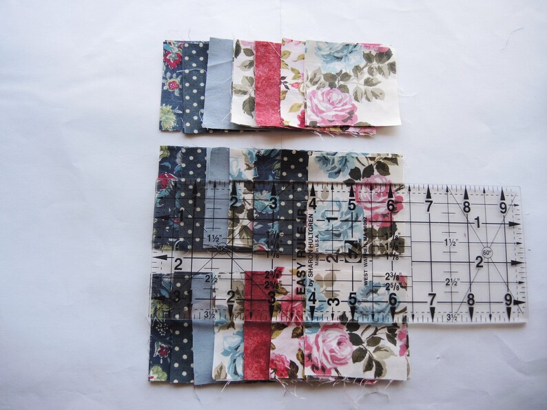 Mini Charm pack 42x 2.5 squares Mixed flower designs 6cm upcycled cotton/polycotton fabrics project shirts stripe check destash Blue & Pink roses