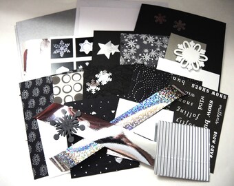 3 blank Xmas cards kit- Snowflake Monochrome black white silver part-upcycled smart modern style winter abstract stars -OOAK crafting
