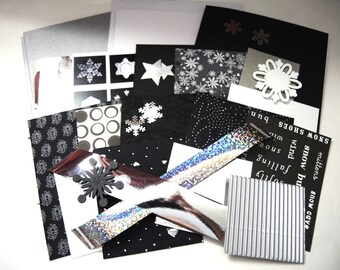 NEW 3 blank Xmas cards kit- Snowflake Monochrome black white silver part-upcycled smart modern style winter abstract stars -OOAK crafting