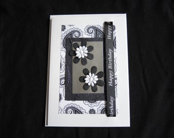 NEW Large Monochrome Flowers 3D birthday card, blank inside A5 size 8 x5.75 inches, (20 x14cm) OOAK unique eco-art upcycled UK ready to ship