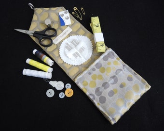 Luxury travel sewing kit -Silver/Gold Spots reclaimed sample fabric- complete with full kit of good quality contents OOAK ready to ship