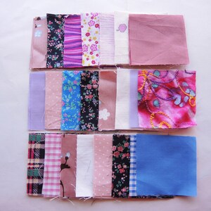 Mini Charm pack 42x 2.5 squares Mixed flower designs 6cm upcycled cotton/polycotton fabrics project shirts stripe check destash Pink mix