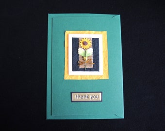 Sunflowers Green blank card- thank you modern bright flowers with messages brown gold silver handmade- OOAK ready to ship