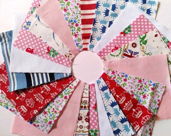Vintage 42 pc Charm pack 42x5" salvaged scrap craft squares- Crowns 10 designs 12.5cm blue multi light cotton poly project stripes destash