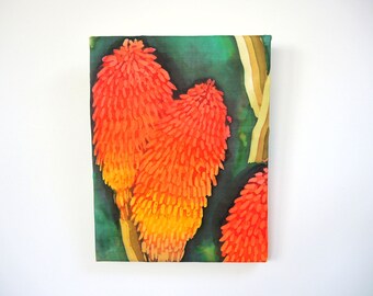 Red Hot Pokers -medium silk painting wrapped on oblong canvas 30x 23cm 12x 9 inches - wall hang- orange & red- OOAK art ready to ship