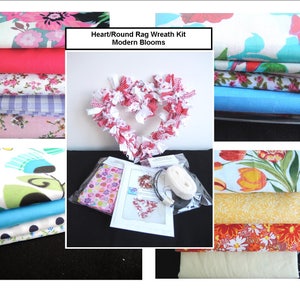 May include: A craft kit for making a heart-shaped rag wreath. The kit includes a variety of colourful floral patterned fabrics, white ribbon, and instructions. The title "Heart/Round Rag Wreath Kit Modern Blooms" is printed on a white background.