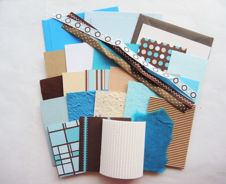 3 blank cards kit Kaffeehaus Ready to ship in teal blue green turquoise & dark chocolate brown modern geometrics OOAK make your own image 1