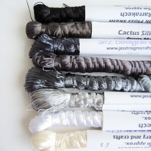 GREYS MONOCHROMES Sabra silk floss single skein black white gray silver vegetal rayon thread Moroccan 10g approx 45m ready to ship image 2