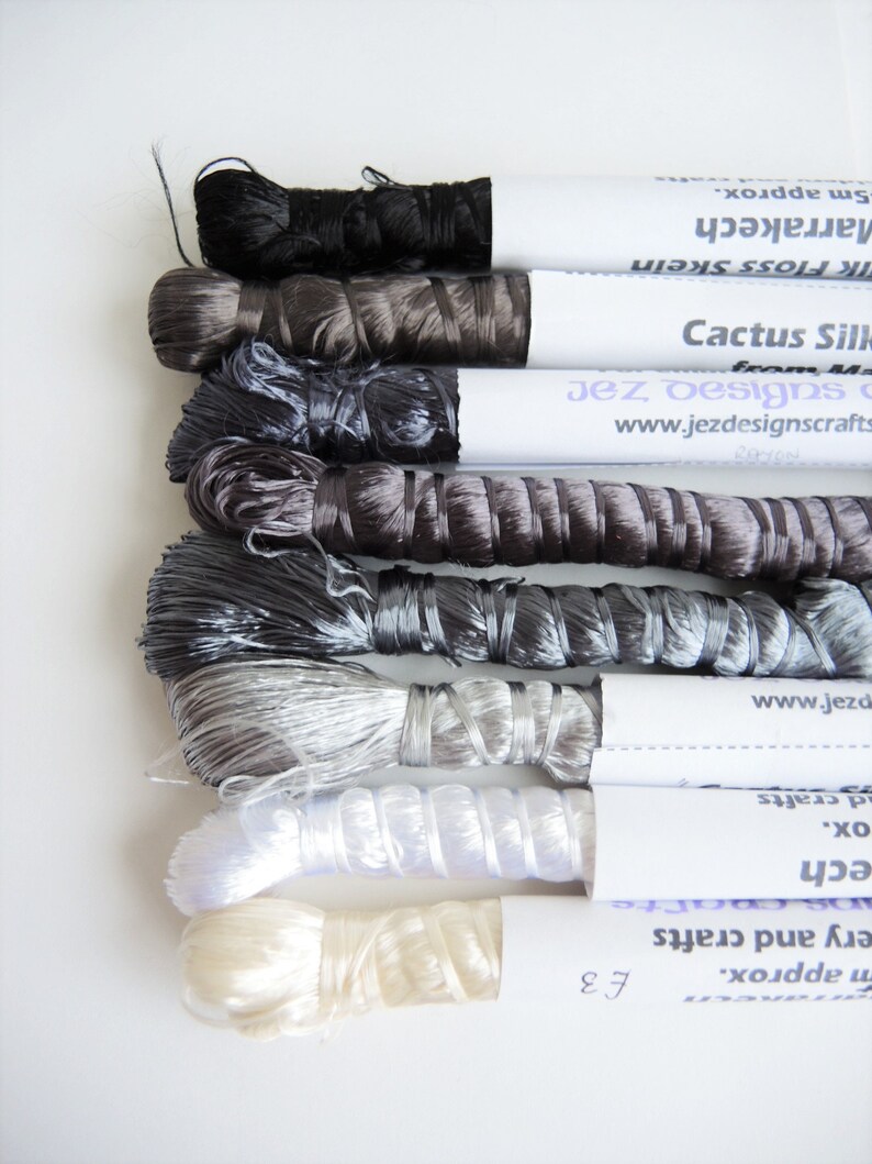 GREYS MONOCHROMES Sabra silk floss single skein black white gray silver vegetal rayon thread Moroccan 10g approx 45m ready to ship image 2