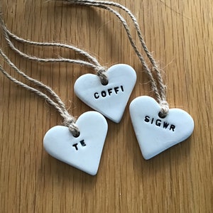 Welsh Ceramic Heart Labels Handmade by Welsh Artist, Te, Coffi, Sigwr