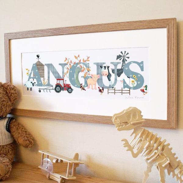 Farmyard name illustration print childrens kids baby nursery decor wall art frame farm animals cow tractor new baby shower personalised gift