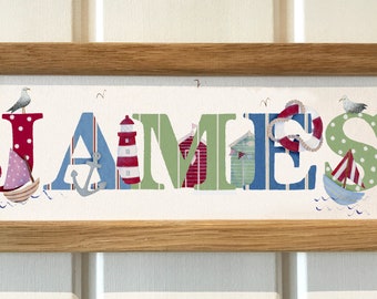 Seaside, sailing, nautical, coastal, beach Door Plaque Children's / Kids / name sign / Illustration, name frame, new baby gift