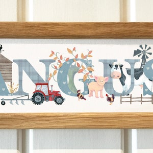 Farmyard bedroom door plaque farm animal nursery sign tractor cow pig sheep Childrens Kids name sign Illustration name frame new baby gift image 2