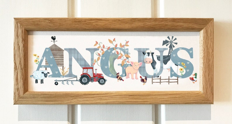 Farmyard bedroom door plaque farm animal nursery sign tractor cow pig sheep Childrens Kids name sign Illustration name frame new baby gift image 2