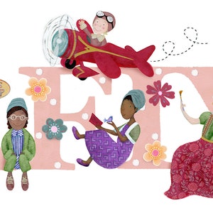 May include: A pink, white, and blue illustration of the name "SAFFYA" with various characters in front of each letter. The characters include a woman in a pink dress and hat, a woman in a blue dress and hat, a woman in a red dress and hat, a woman in a green dress and hat, a woman in a purple dress and hat, and a woman in a blue dress and hat.