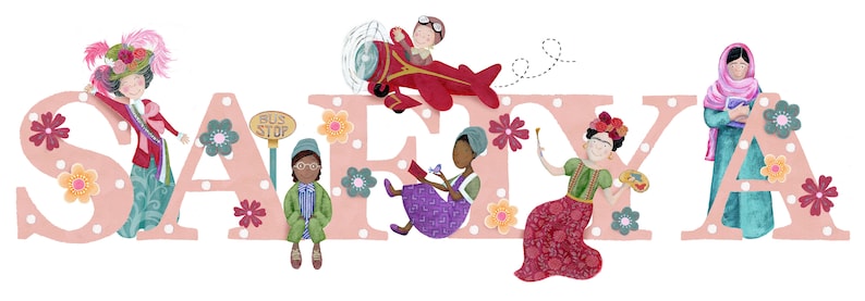 May include: A pink, white, and blue illustration of the name "SAFFYA" with various characters in front of each letter. The characters include a woman in a pink dress and hat, a woman in a blue dress and hat, a woman in a red dress and hat, a woman in a green dress and hat, a woman in a purple dress and hat, and a woman in a blue dress and hat.