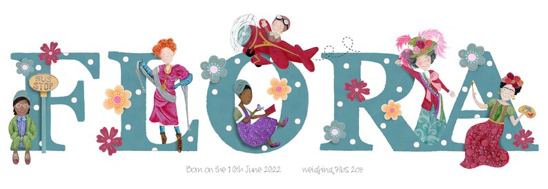 May include: A colorful illustration of the name "FLORA" with each letter decorated with flowers and a different character. The characters include a girl with a red dress, a girl with a purple dress, a girl with a red dress and a hat, and a girl with a red dress and a paintbrush. The text "Born on the 10th June 2022" and "welcoming plus 2022" are at the bottom of the image.