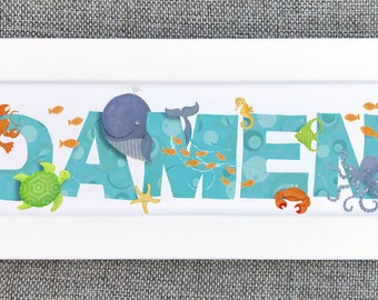 Sea Life Door Plaque - Children's / Kids / name sign / Illustration, name frame, new baby gift