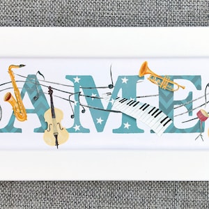 Music musical instruments jazz Door Plaque Childrens Kids name sign Illustration name frame new baby gift